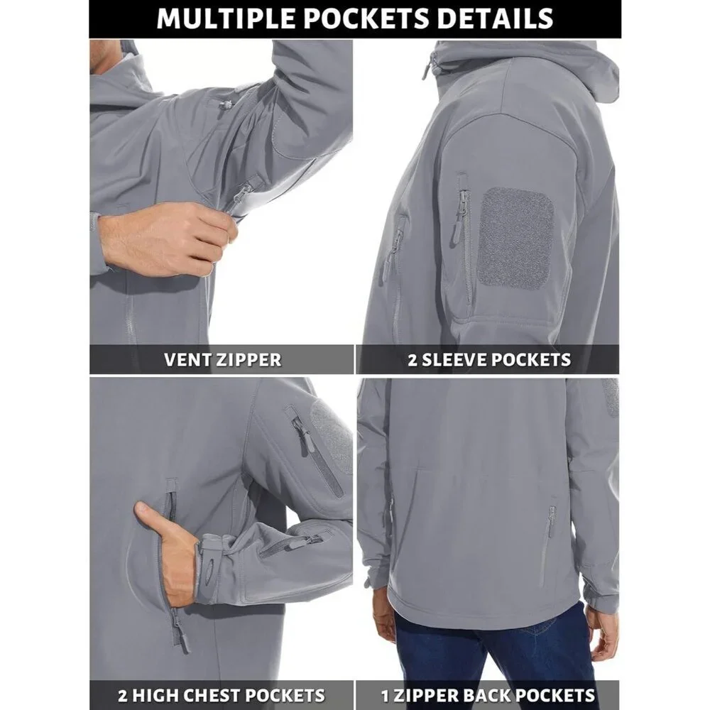 Men's #02-light Grey Tactical Soft Shell Winter Jacket with Fleece Lining & Hood